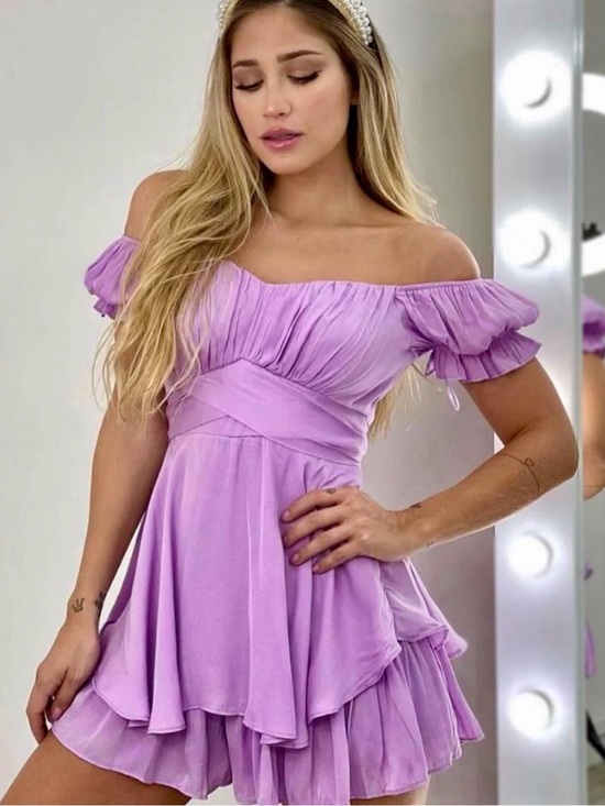 Balance Dresses & Skirts - Lavender Off-Shoulder Ruffled Mini Dress